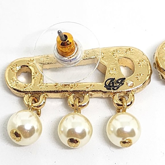 Betsey Johnson Diaper Pin Pearl and Rhinestone Accent Gold Pierced Earrings - Picture 9 of 11